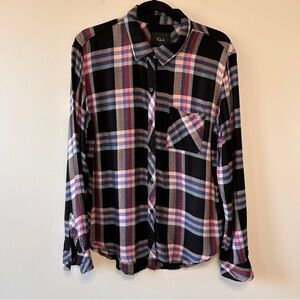 Rails Women’s Large Plaid Shirt long Sleeve Button Up Metallic Black Pink Blue